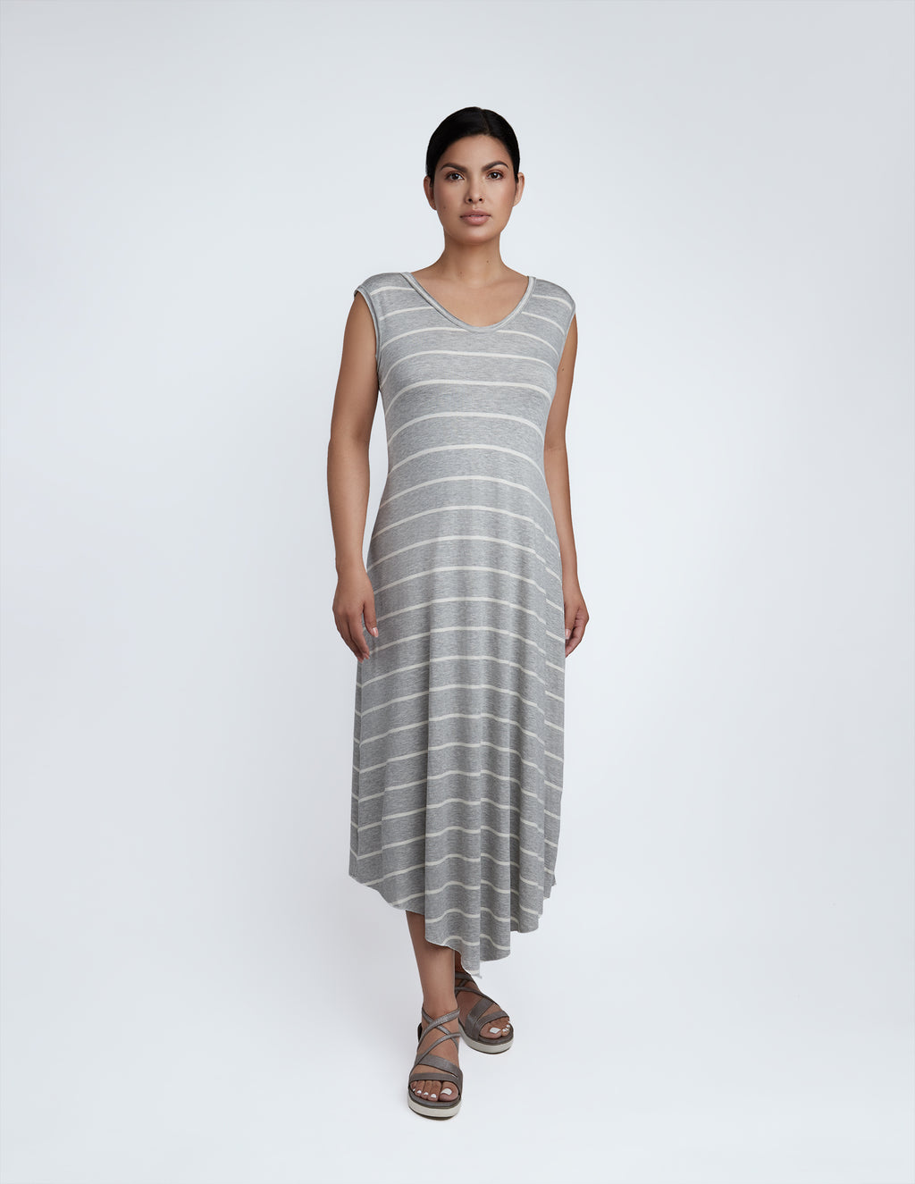 striped grey dress Linda in Stripes – Ruby Jane Designs Color:SNOW PETAL/SILVER SIZE_3T Vertical stripes creates a Marcella Manhattan Sleeveless Midi